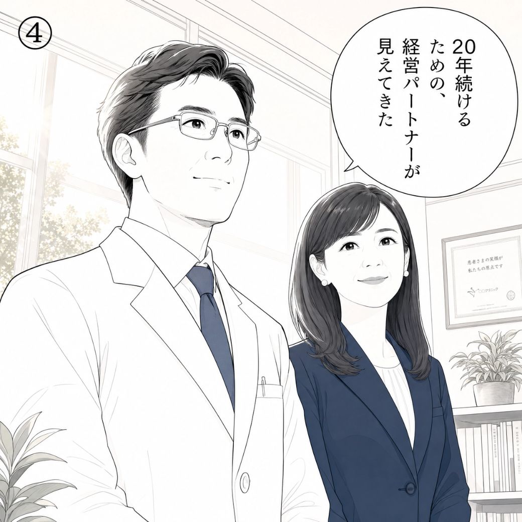 クリニック院長が20年続けるクリニック経営のための最適な経営パートナーを見つけ前向きに決意する4コマ漫画4コマ目