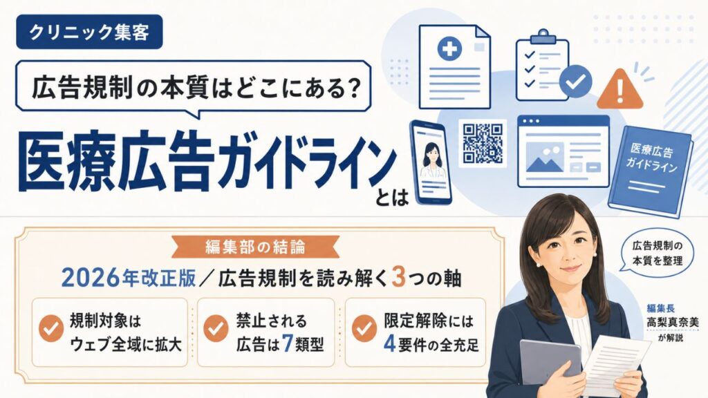 クリニック集客の医療広告ガイドライン｜2026年改正で押さえるべき広告規制とウェブ運用のポイントを編集部が解説するインフォグラフィック