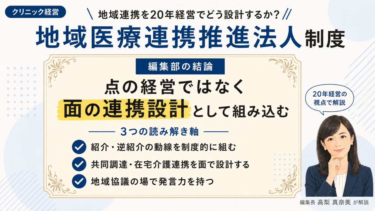 地域医療連携推進法人制度とは｜編集部の結論として面の連携設計で組み込む3つの読み解き軸を解説するインフォグラフィック