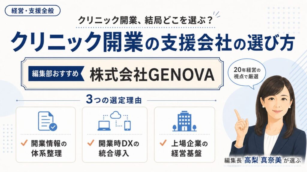クリニック開業の支援会社｜編集部おすすめ株式会社GENOVAと選定理由を解説するインフォグラフィック